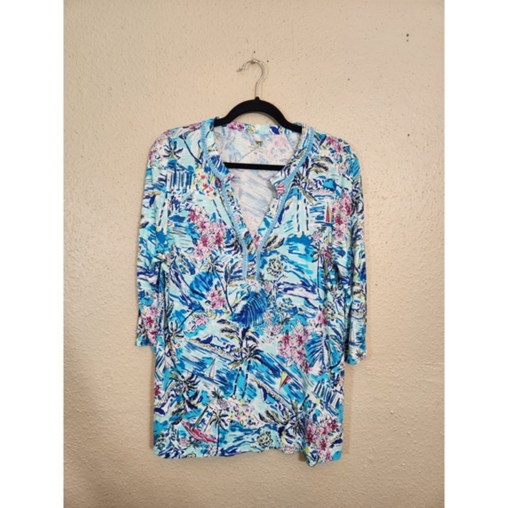 Palm Harbour Tunic Top Blue‎ Multi Women Size Medium Tropical Beach 3/4 Sleeve